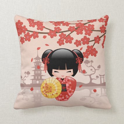 Red Sakura Kokeshi Doll - Japanese Geisha Throw Pillow