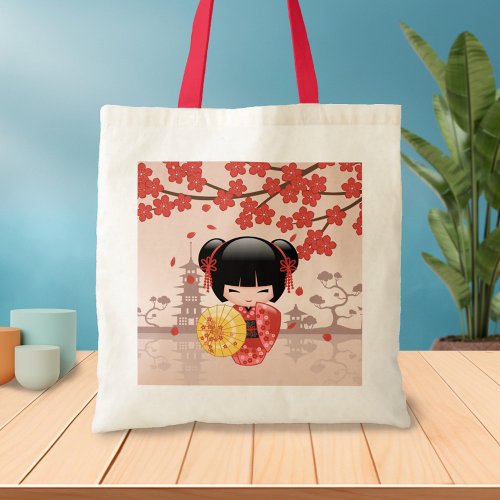 Red Sakura Kokeshi Doll _ Japanese Geisha Tote Bag