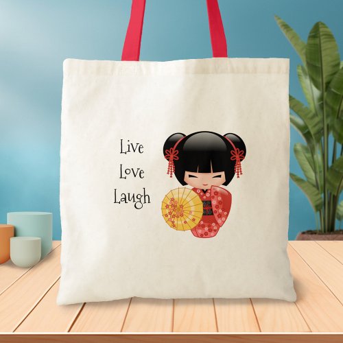 Red Sakura Kokeshi Doll _ Japanese Geisha Tote Bag