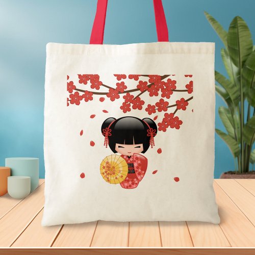 Red Sakura Kokeshi Doll _ Japanese Geisha Tote Bag