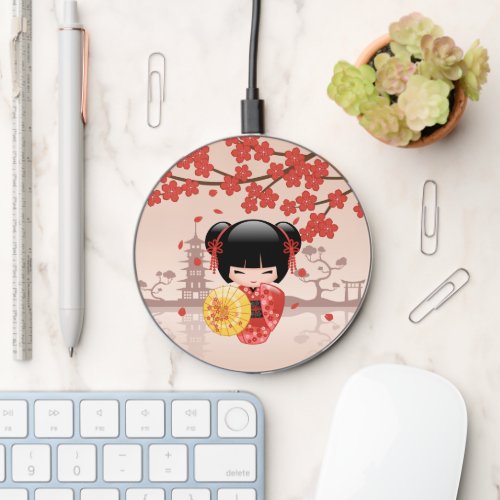 Red Sakura Kokeshi Doll _ Japanese Geisha Wireless Charger