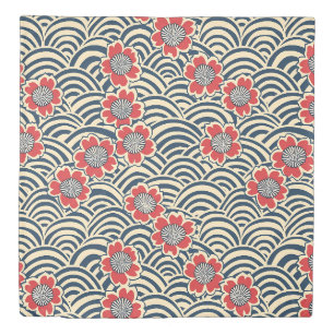 Red Sakura Navy Wave Cream Japanese Pattern Duvet Cover