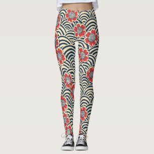 Red Sakura Navy Wave Cream Japanese Pattern Leggings