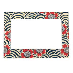 Red Sakura Navy Wave Cream Japanese Pattern Magnetic Frame