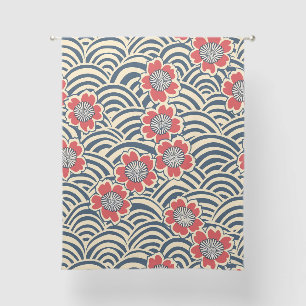 Red Sakura Navy Wave Cream Japanese Pattern Sheer Curtains