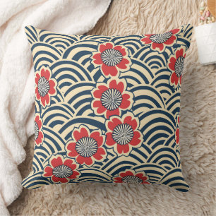 Red Sakura Navy Wave Cream Japanese Pattern Throw Pillow
