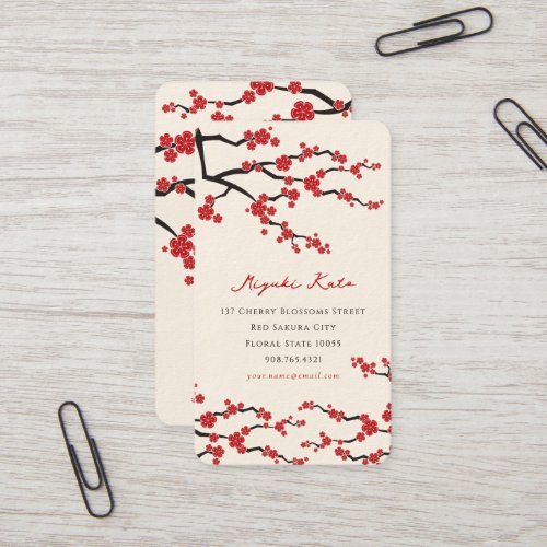 Red Sakuras Oriental Zen Asian Cherry Blossoms Business Card Template