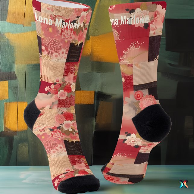 Red Sakura Patchwork Socks with Japanese Charm (Creator Uploaded)