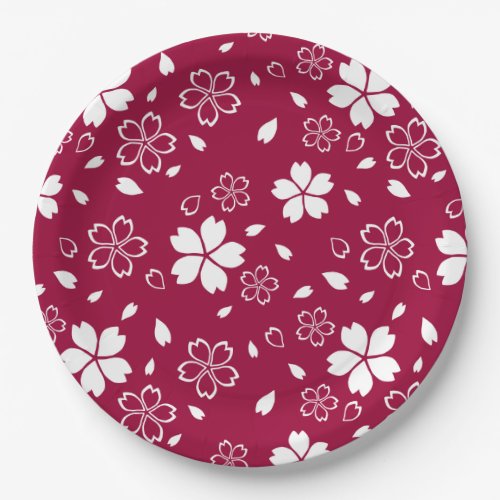 Red Sakura Pattern Paper Plates