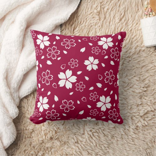 Red Sakura Pattern Throw Pillow
