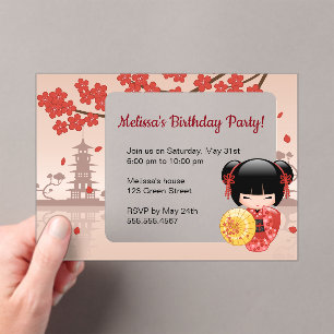 Red Sakura Transparent Window Birthday Party Acrylic Invitations