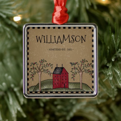 RED SALTBOX HOUSE FAMILY NAME RUSTIC METAL ORNAMENT