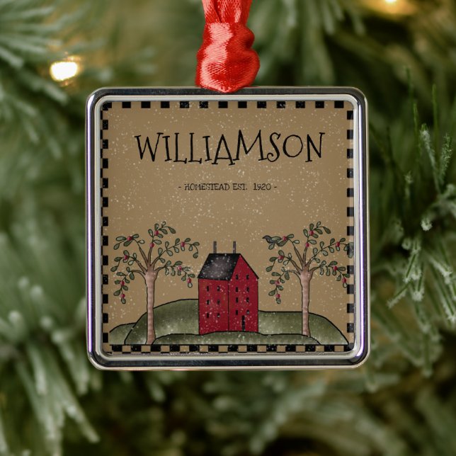 RED SALTBOX HOUSE FAMILY NAME RUSTIC METAL ORNAMENT (Tree)
