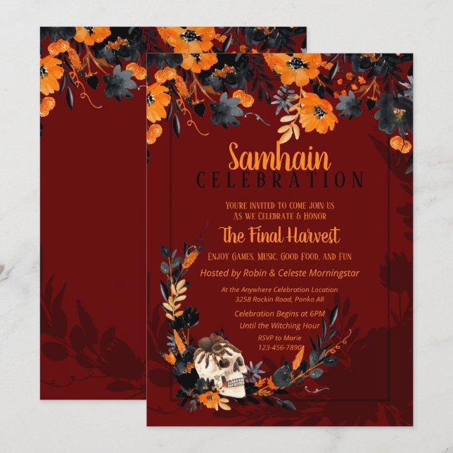 Red Samhain Floral Skull Halloween Party Invitation (Front/Back)