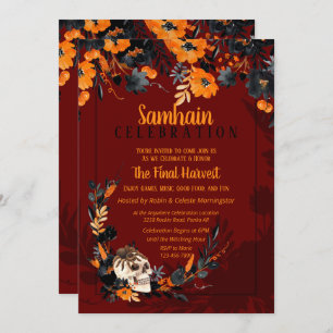 Red Samhain Floral Skull Halloween Party Invitation