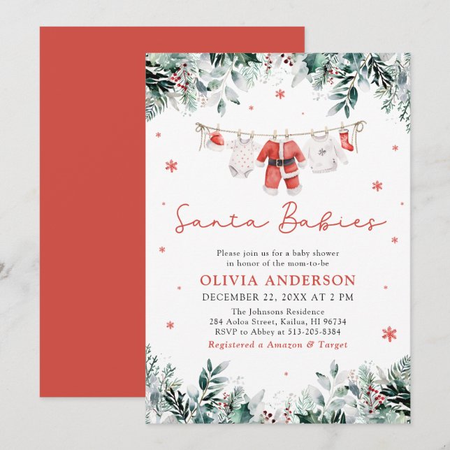 Red Santa Babies Twins Christmas Baby Shower Invitation (Front/Back)