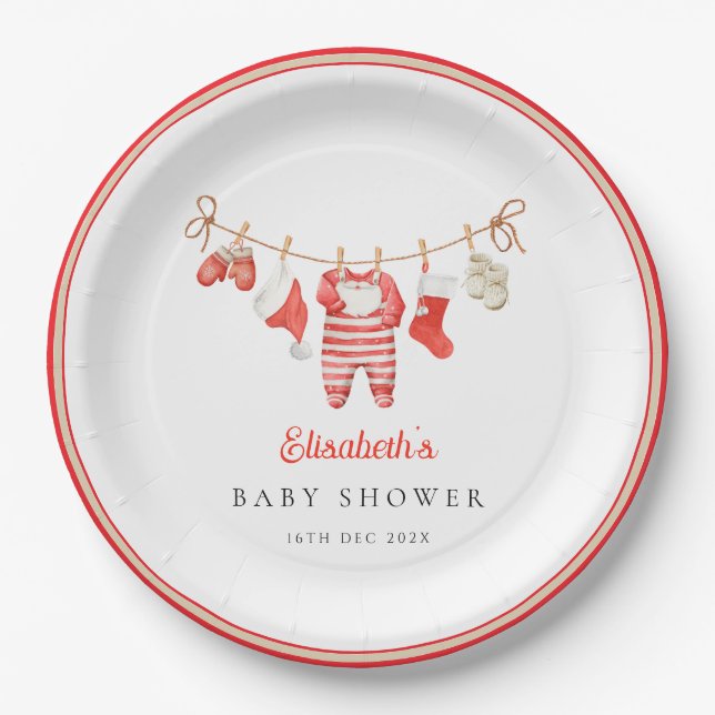 Red Santa Baby Baby Shower Paper Plates (Front)