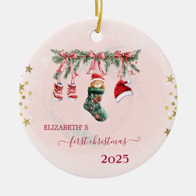Red Santa Baby Bear Christmas Clothesline Holiday  Ceramic Ornament (Front)
