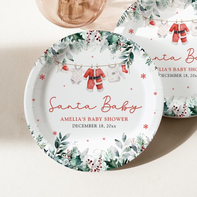 Red Santa Baby Christmas Baby Clothes Baby Shower Paper Plates (Creator Uploaded)