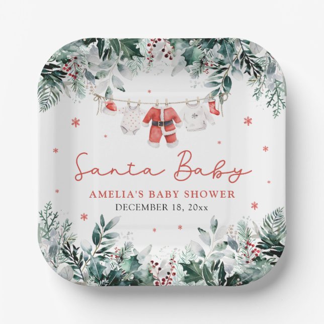 Red Santa Baby Christmas Baby Clothes Baby Shower Paper Plates (Front)