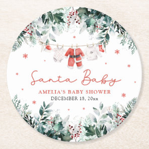 Red Santa Baby Christmas Baby Clothes Baby Shower Round Paper Coaster
