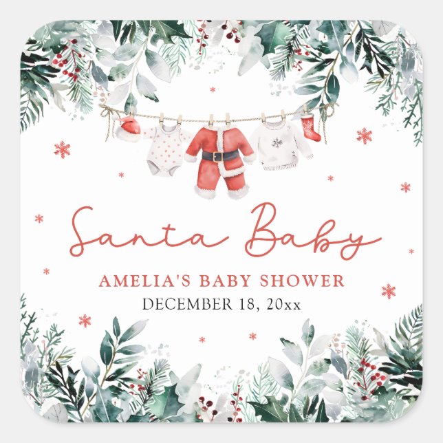 Red Santa Baby Christmas Baby Clothes Baby Shower Square Sticker (Front)