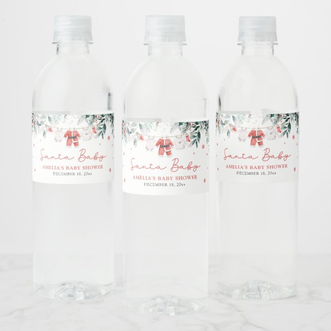 Red Santa Baby Christmas Baby Clothes Baby Shower Water Bottle Label (Bottles)