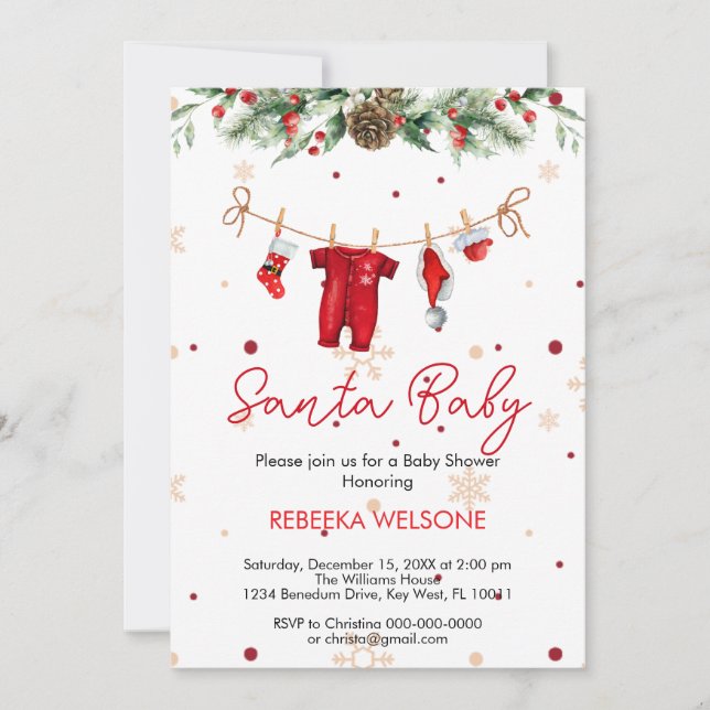 Red santa baby christmas baby shower invitation (Front)