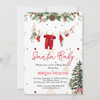 Red santa baby christmas baby shower invitation
