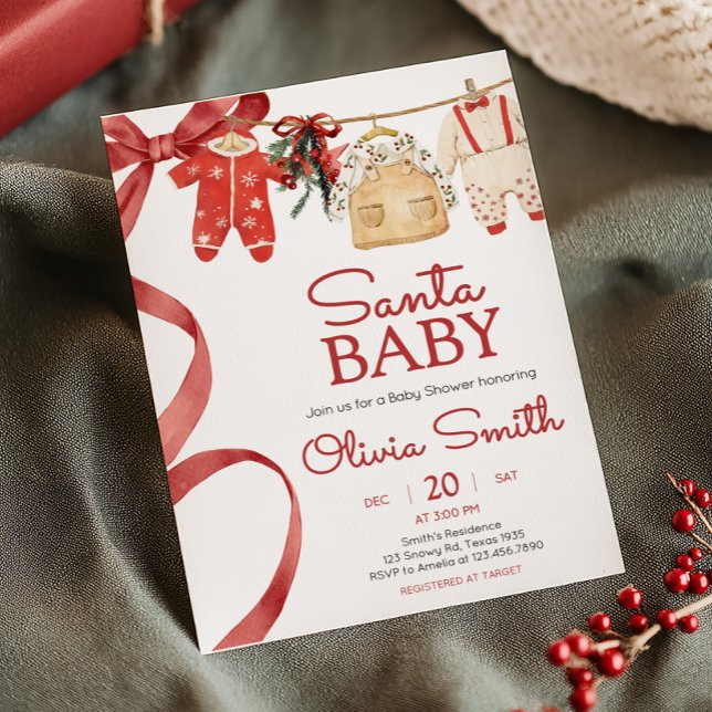 Red Santa Baby Christmas Baby Shower  Invitation (Santa Baby Christmas Clothes Baby Shower Invitation)