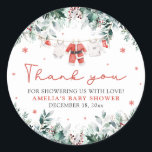 Red Santa Baby Christmas Clothesline Baby Shower Classic Round Sticker<br><div class="desc">Add a festive touch to your baby shower with our Red Santa Baby Christmas Clothesline Baby Shower Classic Round Stickers! Featuring cute red baby clothes hanging on a Christmas-themed clothesline, these round stickers are perfect for sealing envelopes, decorating favor bags, or adding a holiday charm to your baby shower decor....</div>