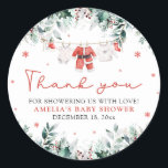 Red Santa Baby Christmas Clothesline Baby Shower Classic Round Sticker<br><div class="desc">Add a festive touch to your baby shower with our Red Santa Baby Christmas Clothesline Baby Shower Classic Round Stickers! Featuring cute red baby clothes hanging on a Christmas-themed clothesline, these round stickers are perfect for sealing envelopes, decorating favor bags, or adding a holiday charm to your baby shower decor....</div>