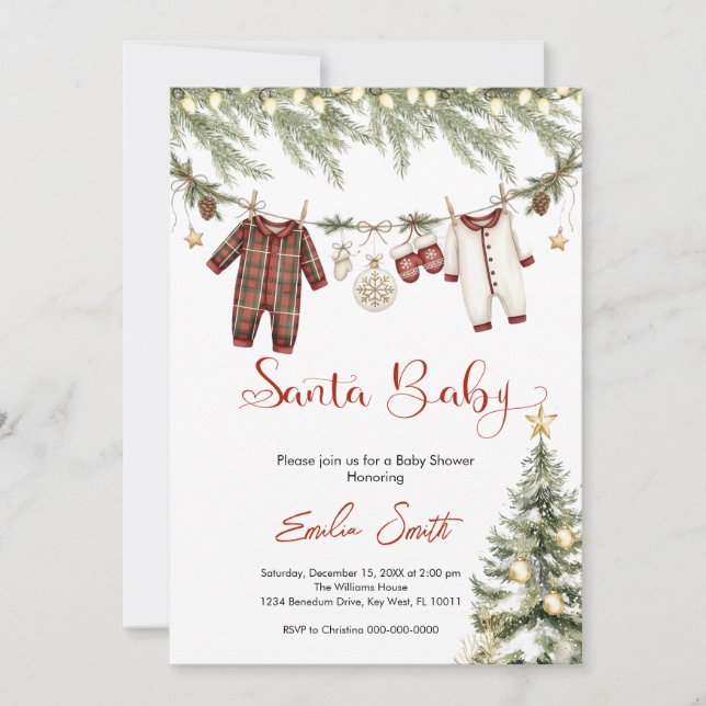 Red santa baby christmas clothesline baby shower invitation (Front)