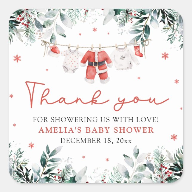 Red Santa Baby Christmas Clothesline Baby Shower Square Sticker (Front)