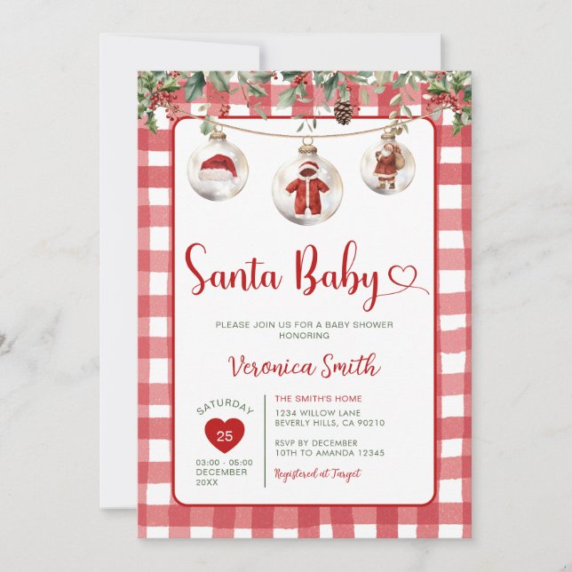 Red Santa Baby Shower Clothesline Christmas Floral Invitation (Front)