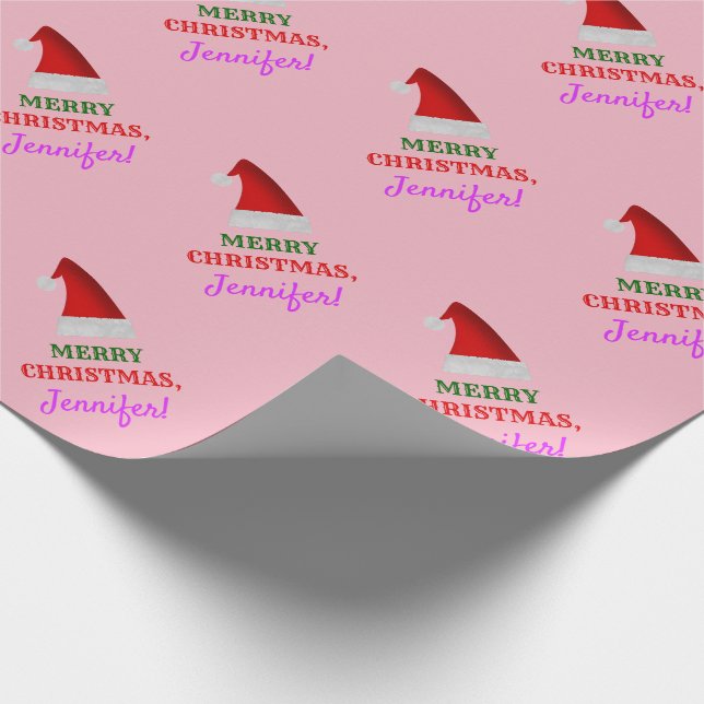 Red Santa Christmas Hat, "MERRY CHRISTMAS!", Name Wrapping Paper (Corner)