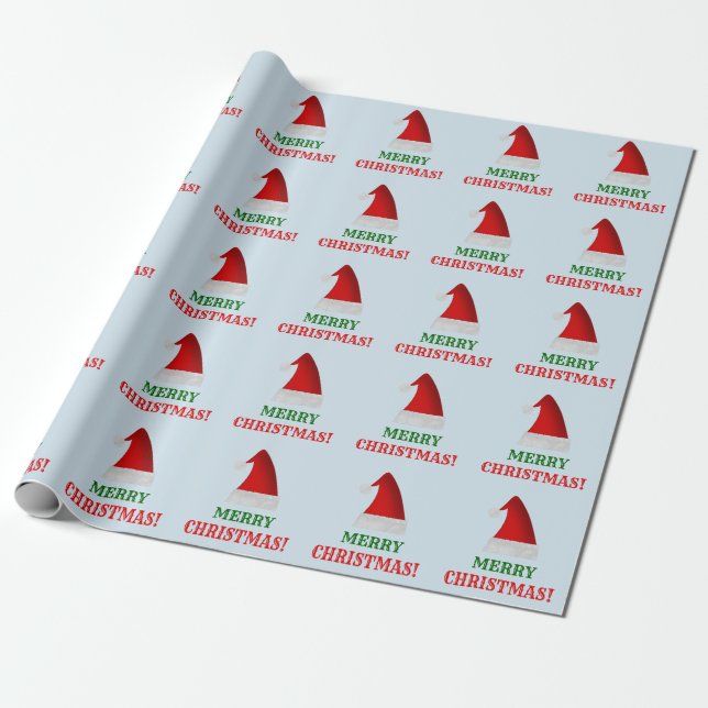 Red Santa Christmas Hat + "MERRY CHRISTMAS!" Wrapping Paper (Unrolled)