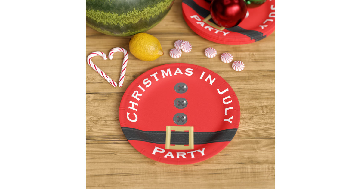 Red Santa Christmas in July Custom Paper Plates Zazzle