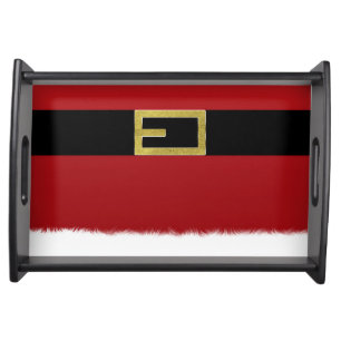Red Santa Claus Belt & White Fur Christmas Holiday Serving Tray