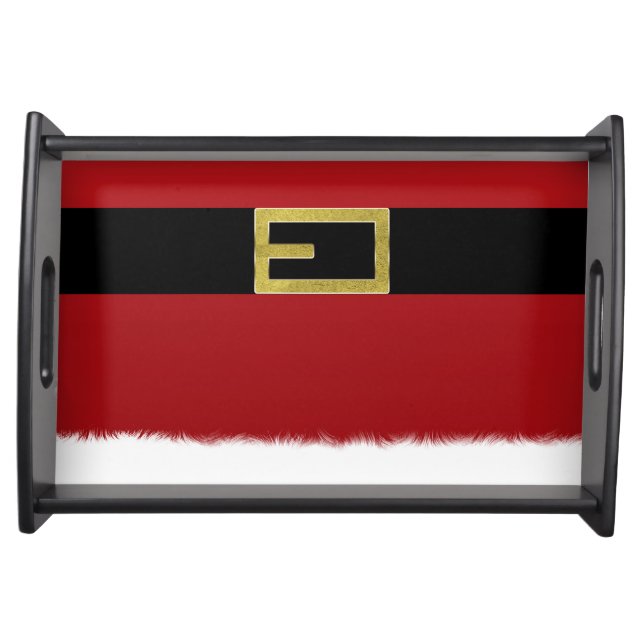 Red Santa Claus Belt & White Fur Christmas Holiday Serving Tray (Front)