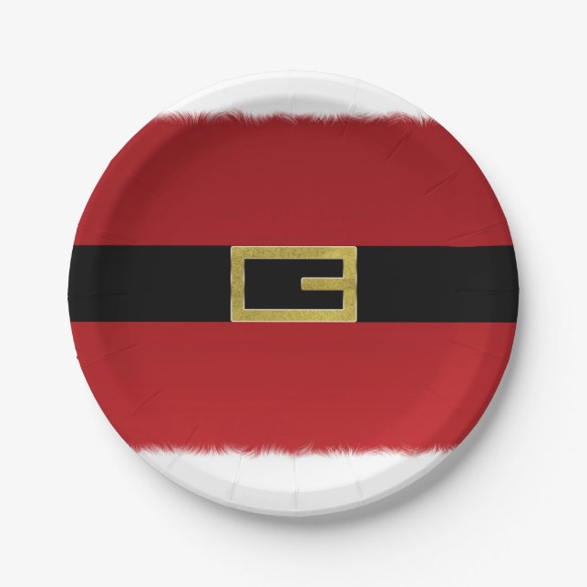 Red Santa Claus Belt & White Fur Christmas Paper Plates (Front)