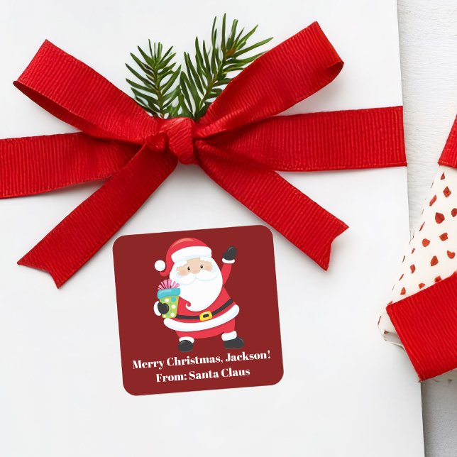 Red Santa Claus Customized Kids Christmas Square Sticker (Creator Uploaded)