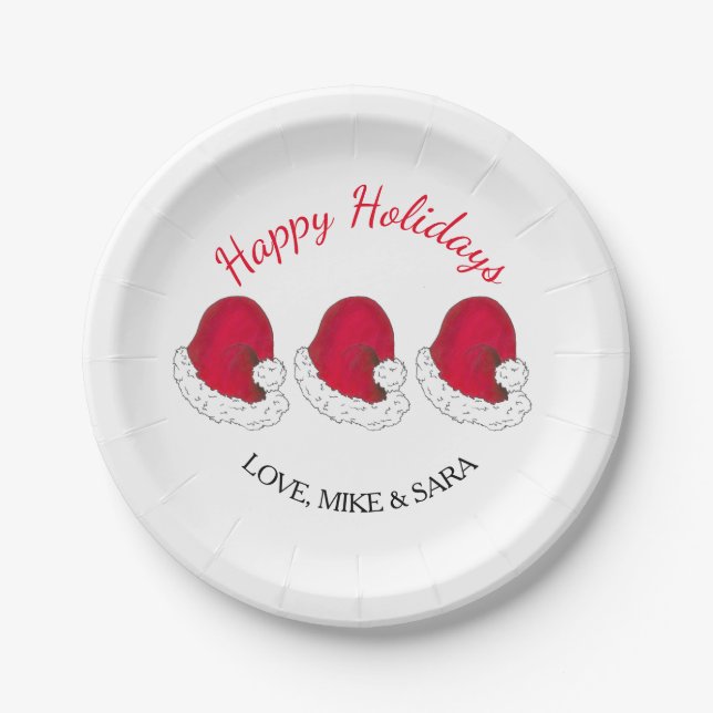 Red Santa Claus Hat Christmas Happy Holidays Paper Plates (Front)