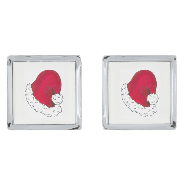 Red Santa Claus Hat Merry Christmas Xmas Holiday Silver Cufflinks (Front)