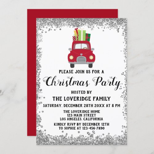 Red Santa Gifts Holiday Christmas Party Silver Invitation