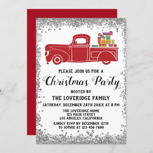 Red Santa Gifts Holiday Christmas Party Silver Invitation