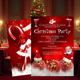 Red Santa Gold Baubles Christmas Holiday Party Invitation