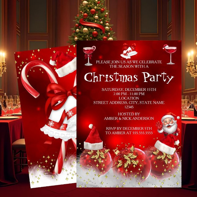 Red Santa Gold Baubles Christmas Holiday Party Invitation (Creator Uploaded)