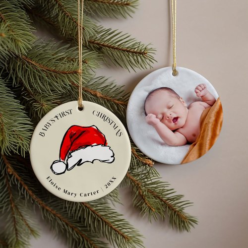 Red Santa Hat Babys First Christmas Photo Ceramic Ornament