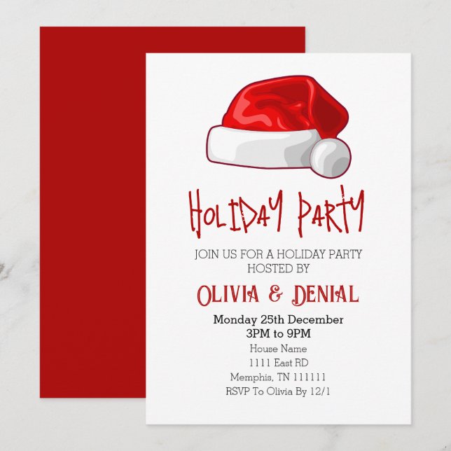 Red Santa Hat Christmas Holiday Party Invitation  (Front/Back)